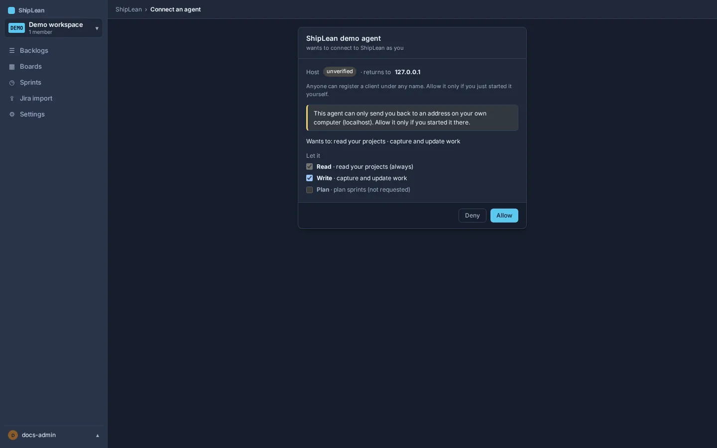 OAuth consent showing the client identity, verification status, scopes, and Allow or Deny controls.