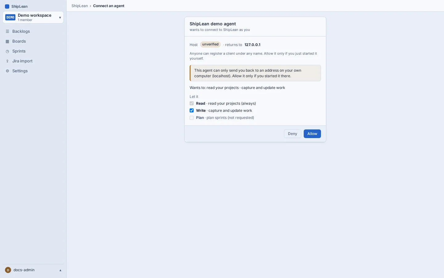OAuth consent showing the client identity, verification status, scopes, and Allow or Deny controls.