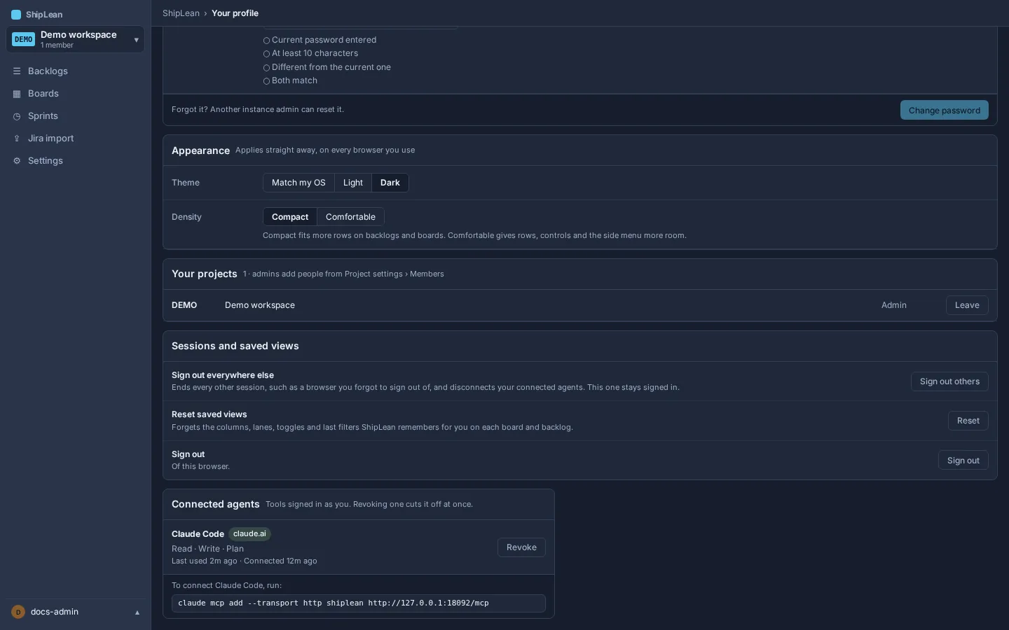Your profile showing the MCP server address to copy into an agent client.
