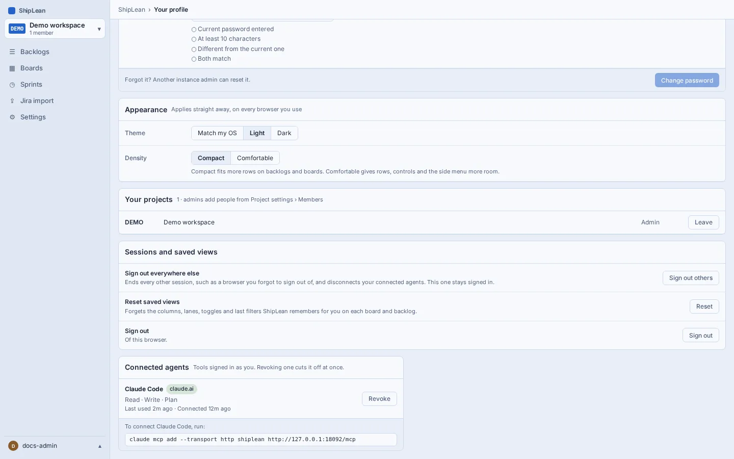 Your profile showing the MCP server address to copy into an agent client.