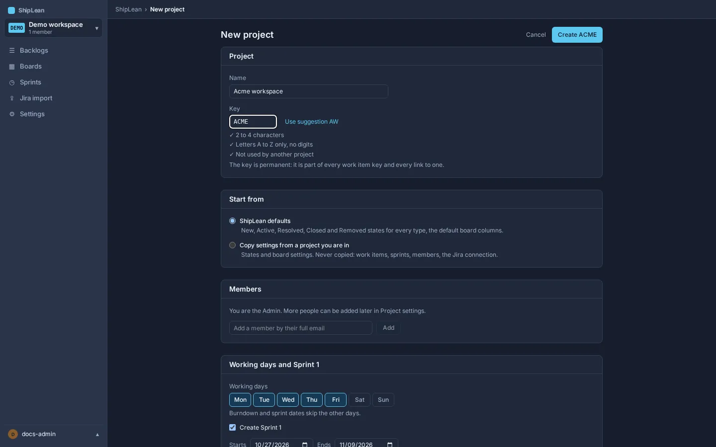 New project form with fields for project name and key.