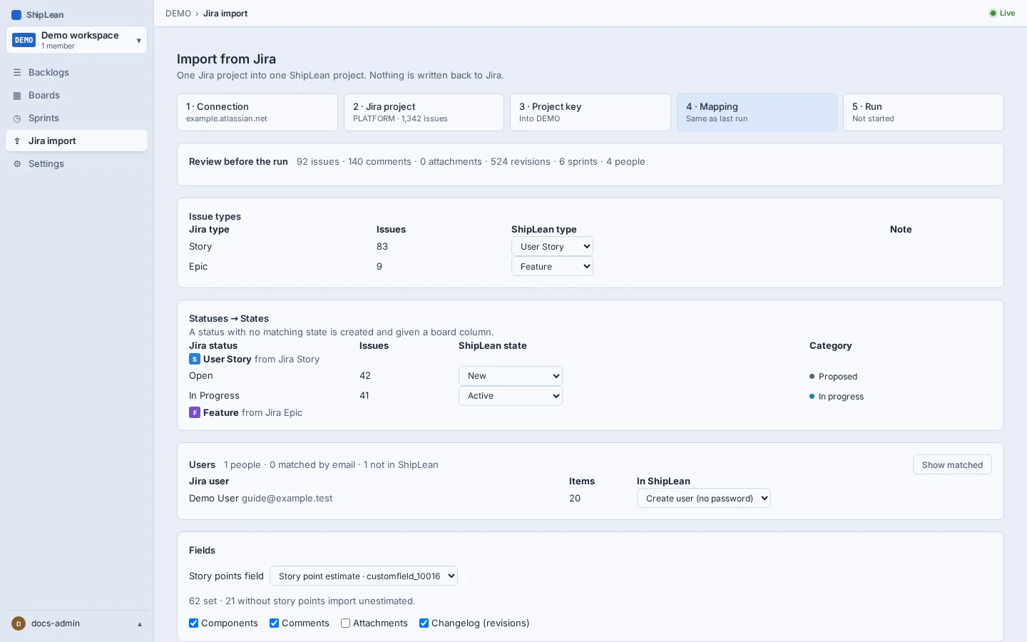 Mapping step showing issue types, statuses, users and optional Jira fields.