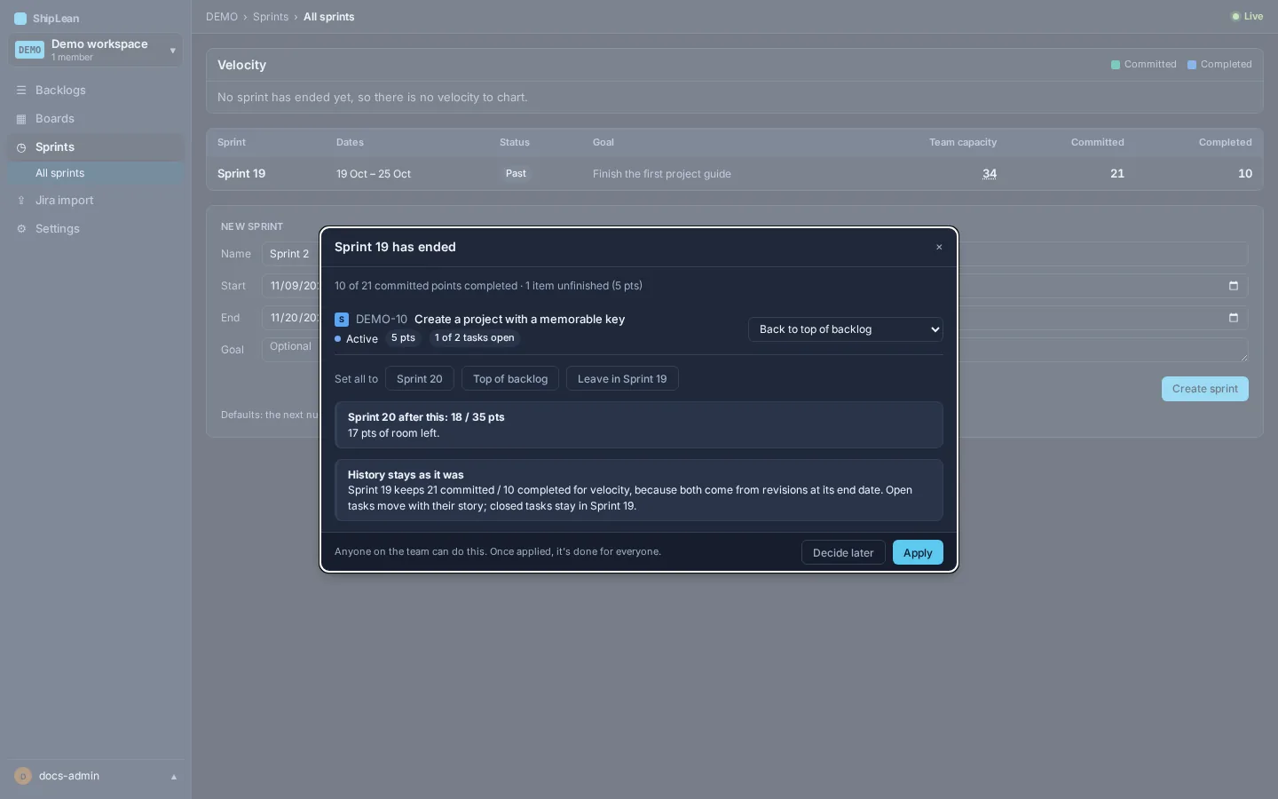 Sprint end review showing unfinished items, rollover choices, and Apply or Decide later.