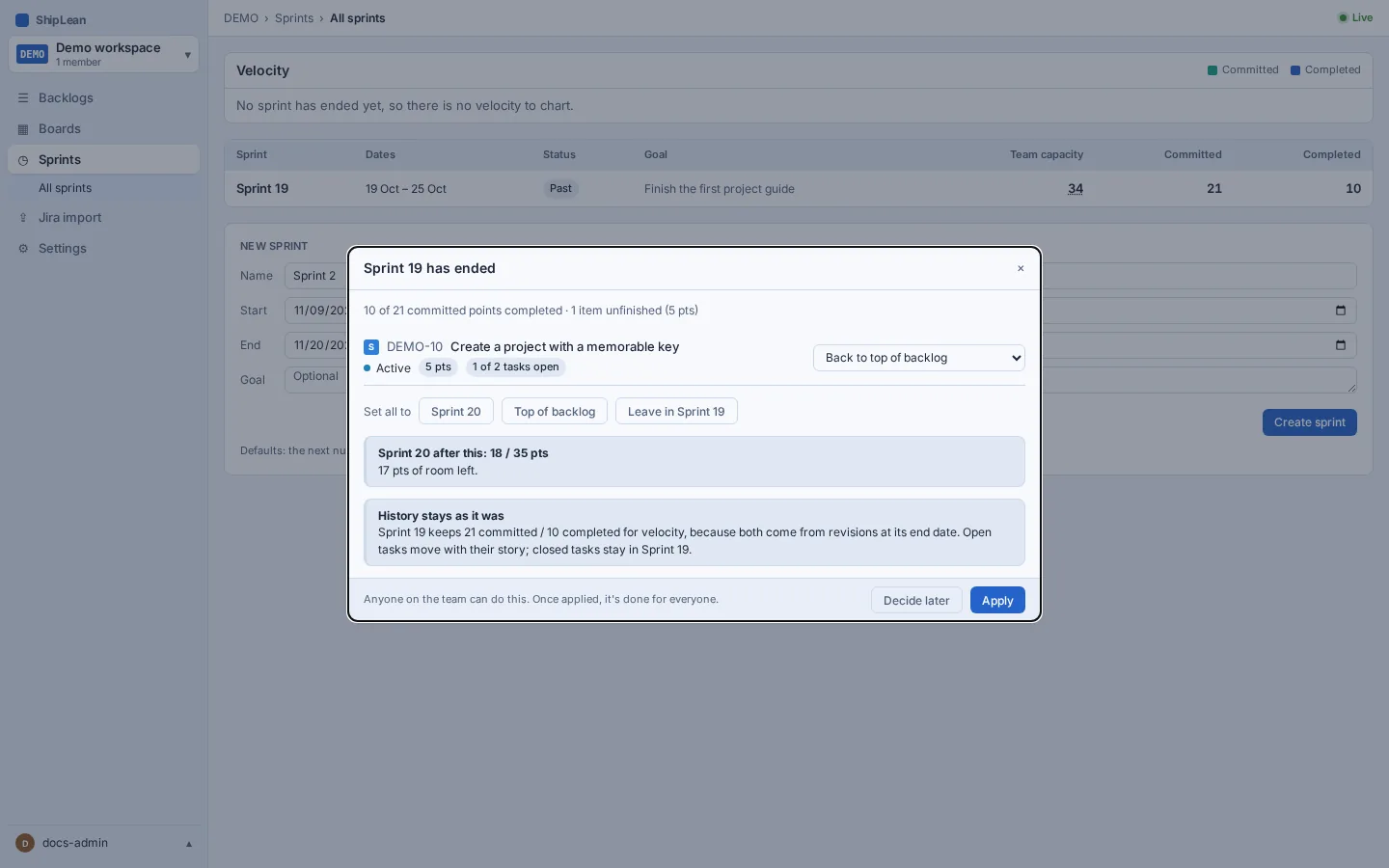 Sprint end review showing unfinished items, rollover choices, and Apply or Decide later.