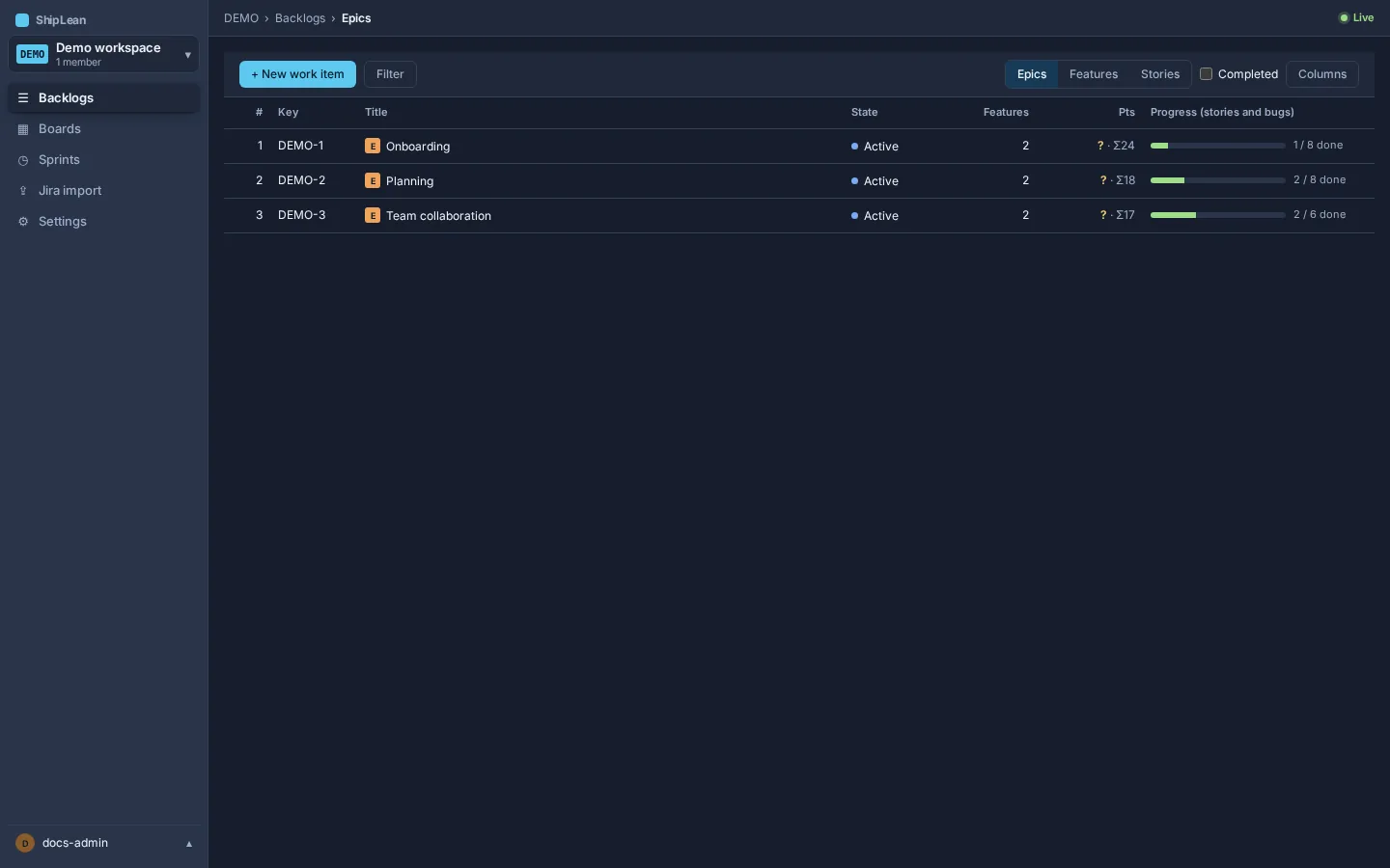 The DEMO project Epics backlog, with its area rows.