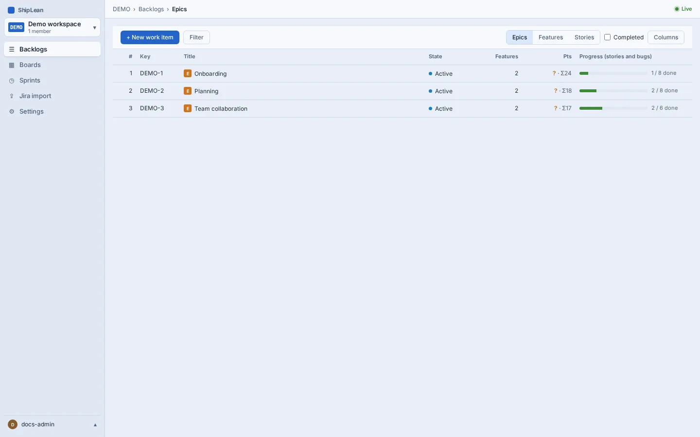 The DEMO project Epics backlog, with its area rows.