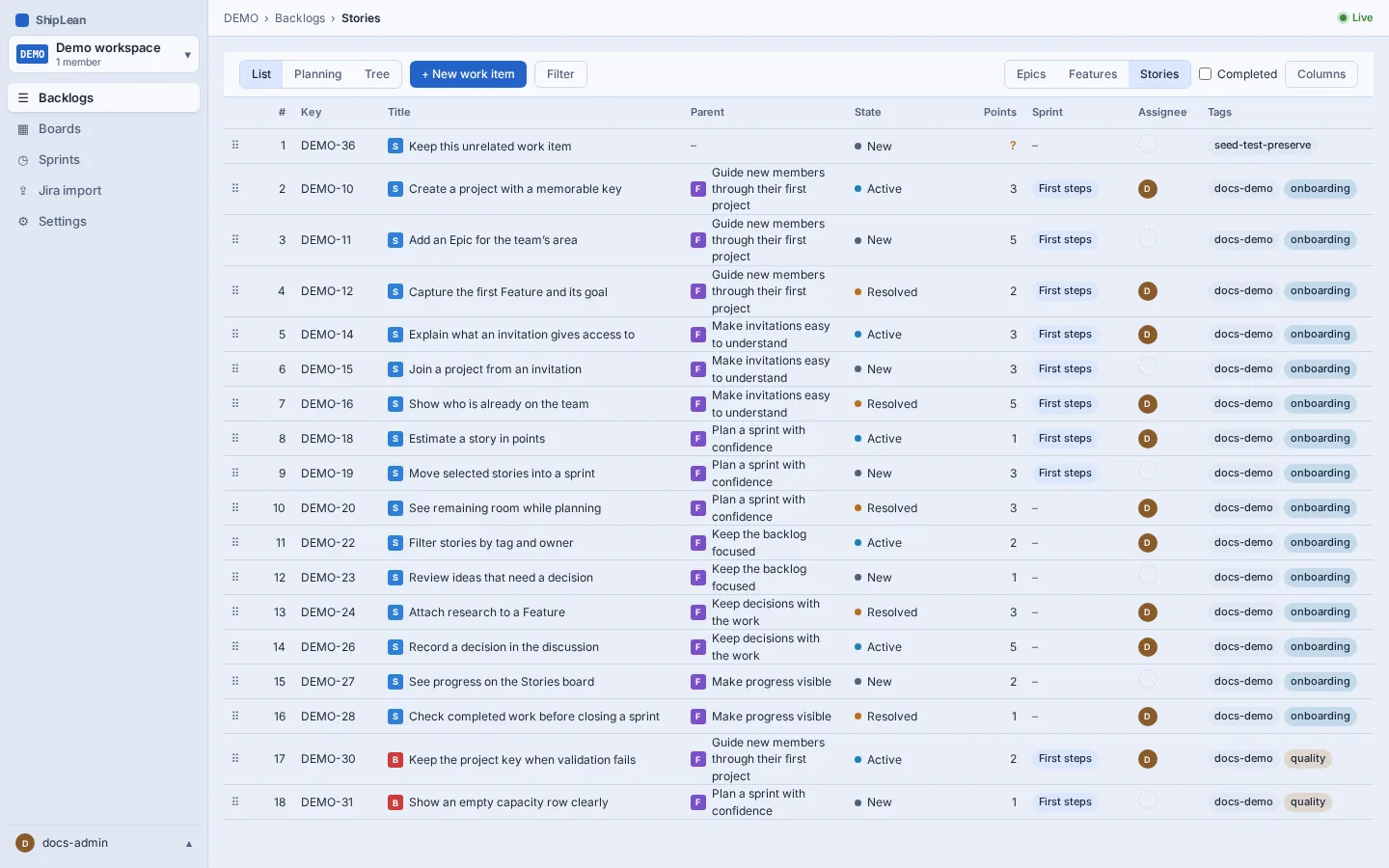 Stories backlog with its mode and level switches, filter, columns, and ranked work items.