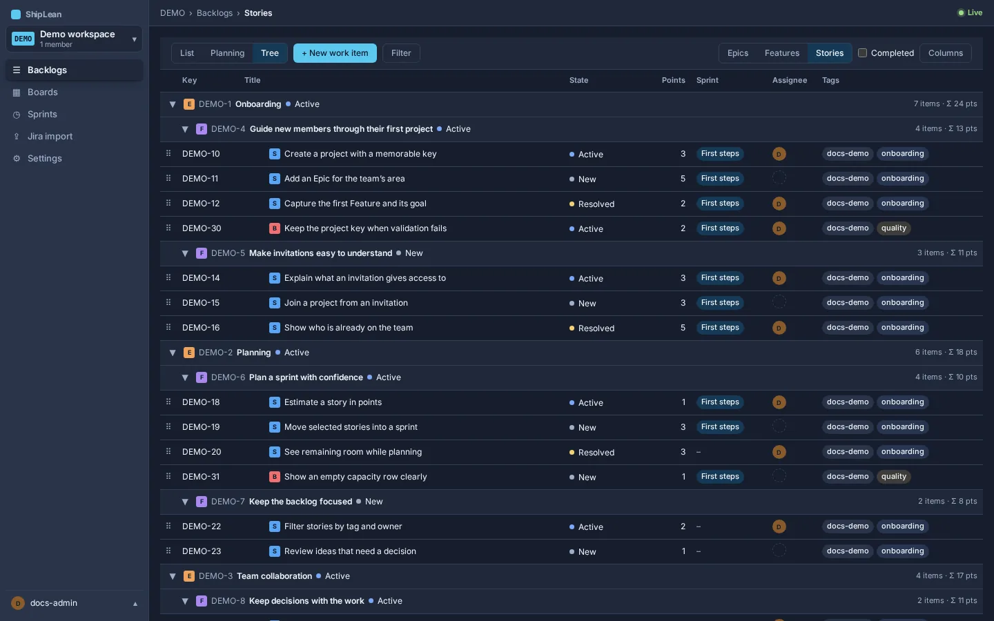 Stories backlog in Tree mode, grouped under Epics and Features.