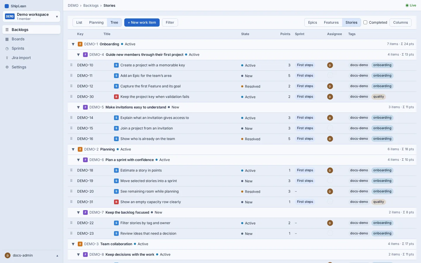 Stories backlog in Tree mode, grouped under Epics and Features.