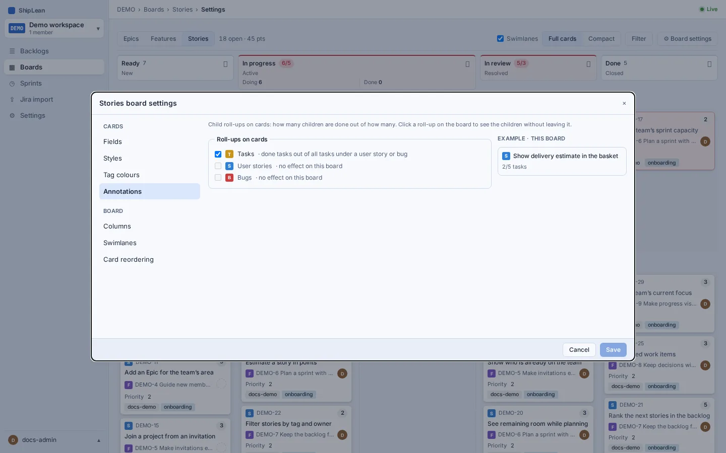 Board settings showing child-work roll-up options and a card preview.