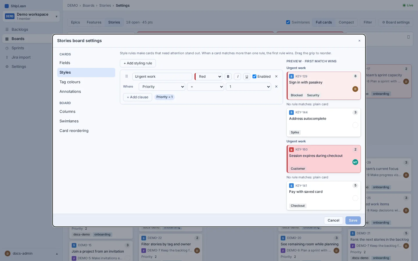 Board settings with conditional card style rules and a preview.