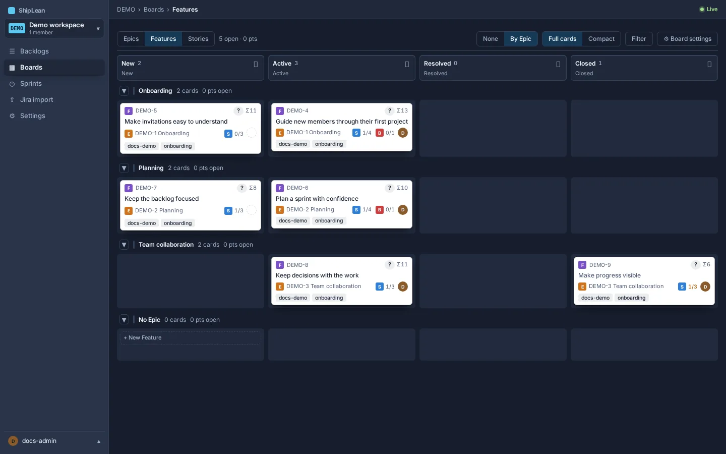 The DEMO Features board, where you can group Features into lanes by Epic.