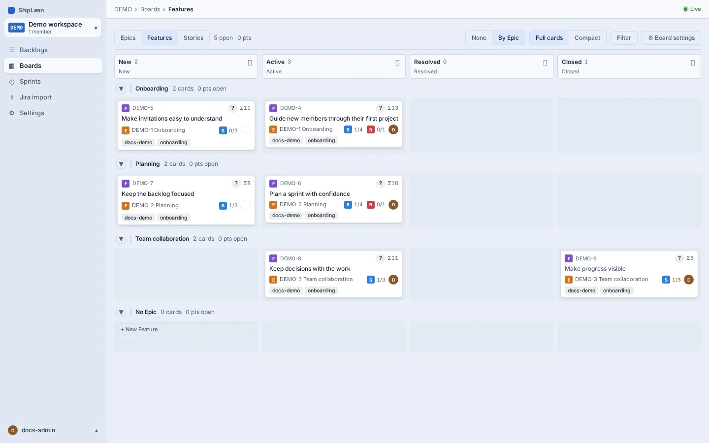 The DEMO Features board, where you can group Features into lanes by Epic.