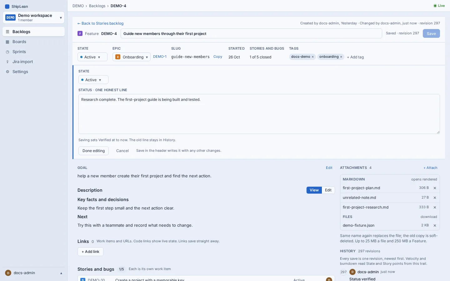 Feature status editor with state and status line fields.
