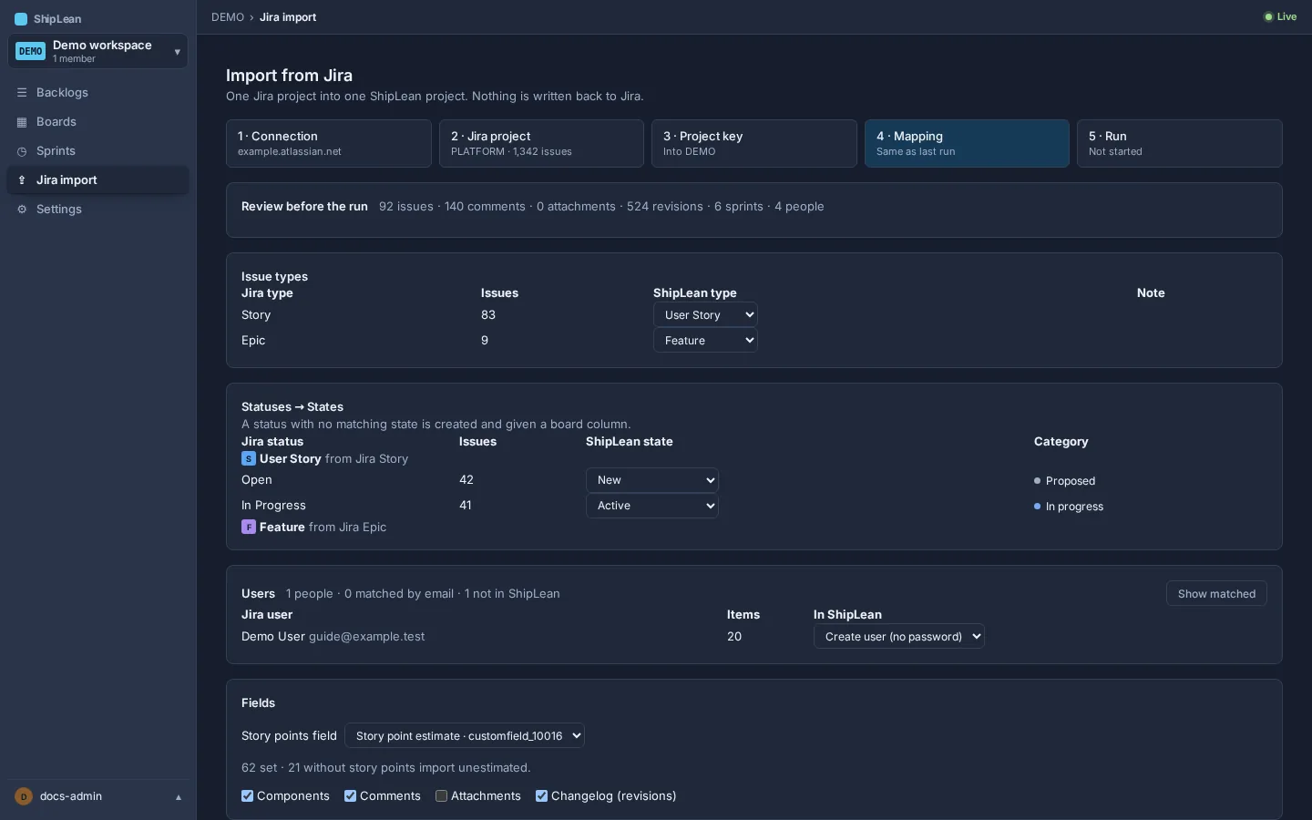 Import mapping for issue types, statuses, users, and optional Jira fields.