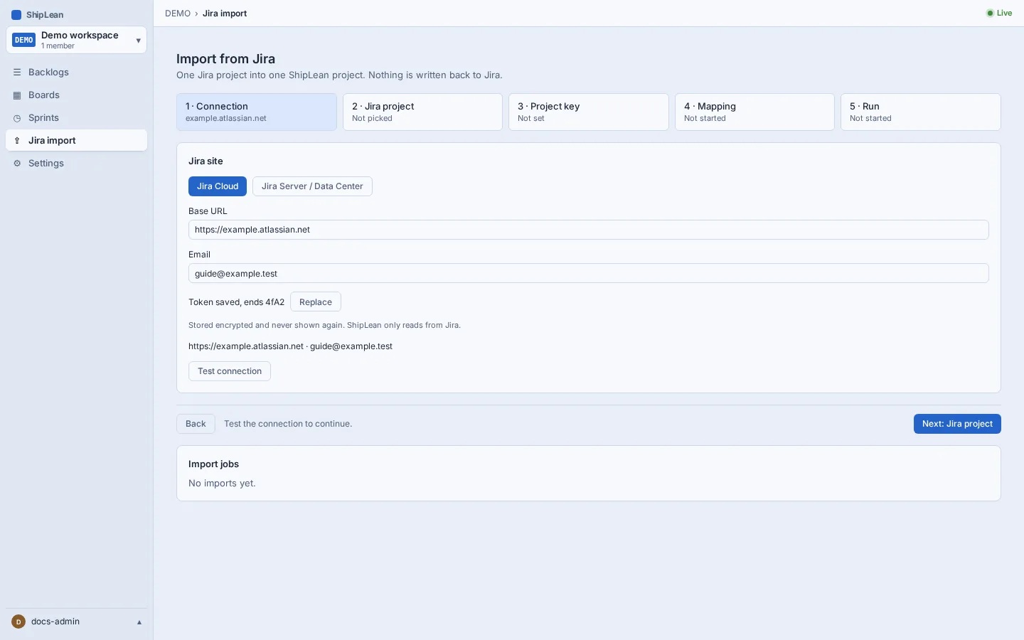 Jira import stepper showing the connection step and the five stages of an import.