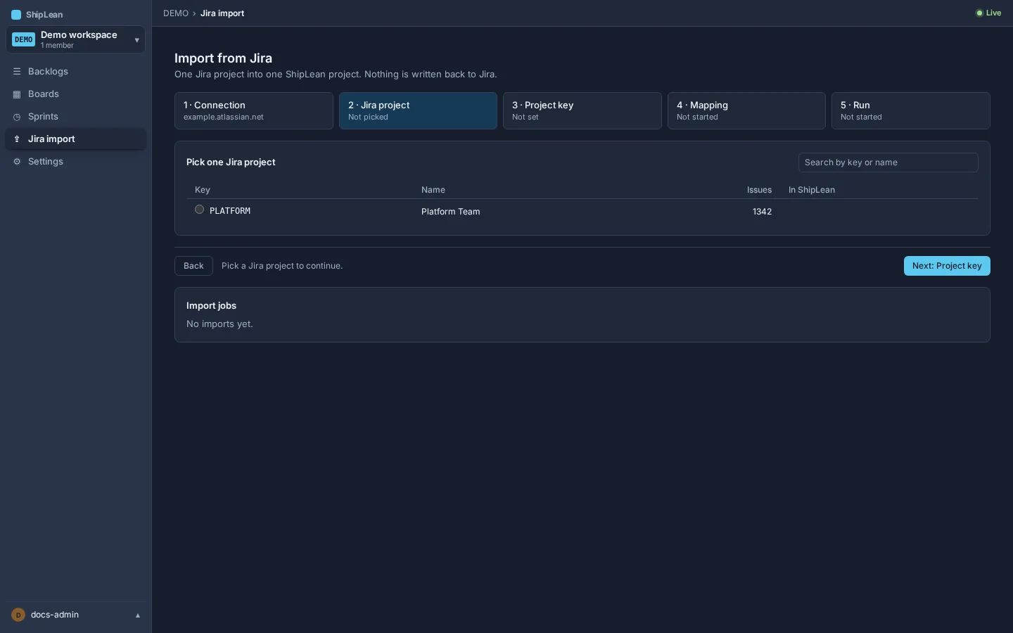 Jira project step with project key, name, issue count, and search.