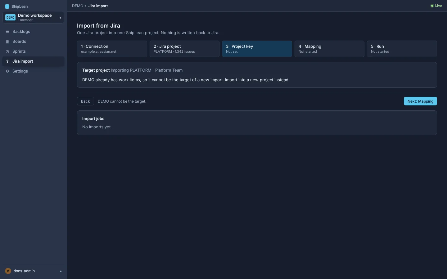 Target step showing where the selected Jira project will be imported.