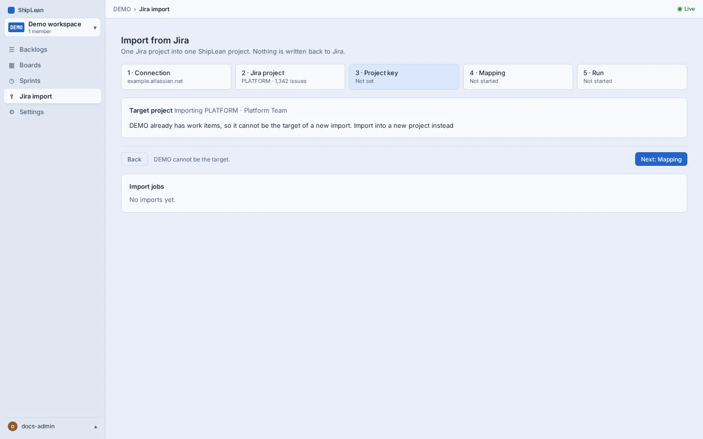 Target step showing where the selected Jira project will be imported.
