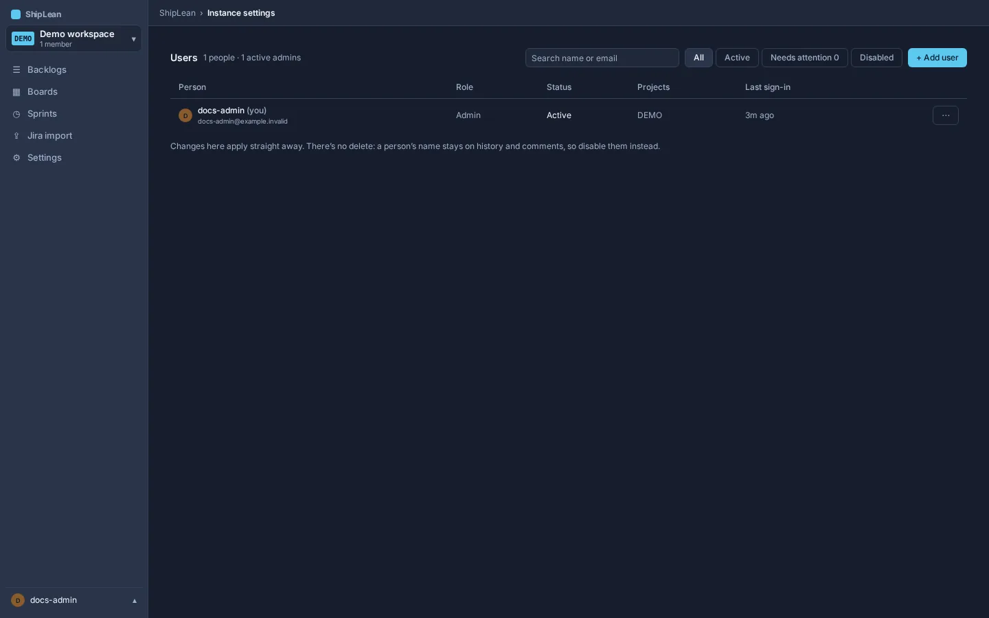 Instance users list with account status and administrator actions.