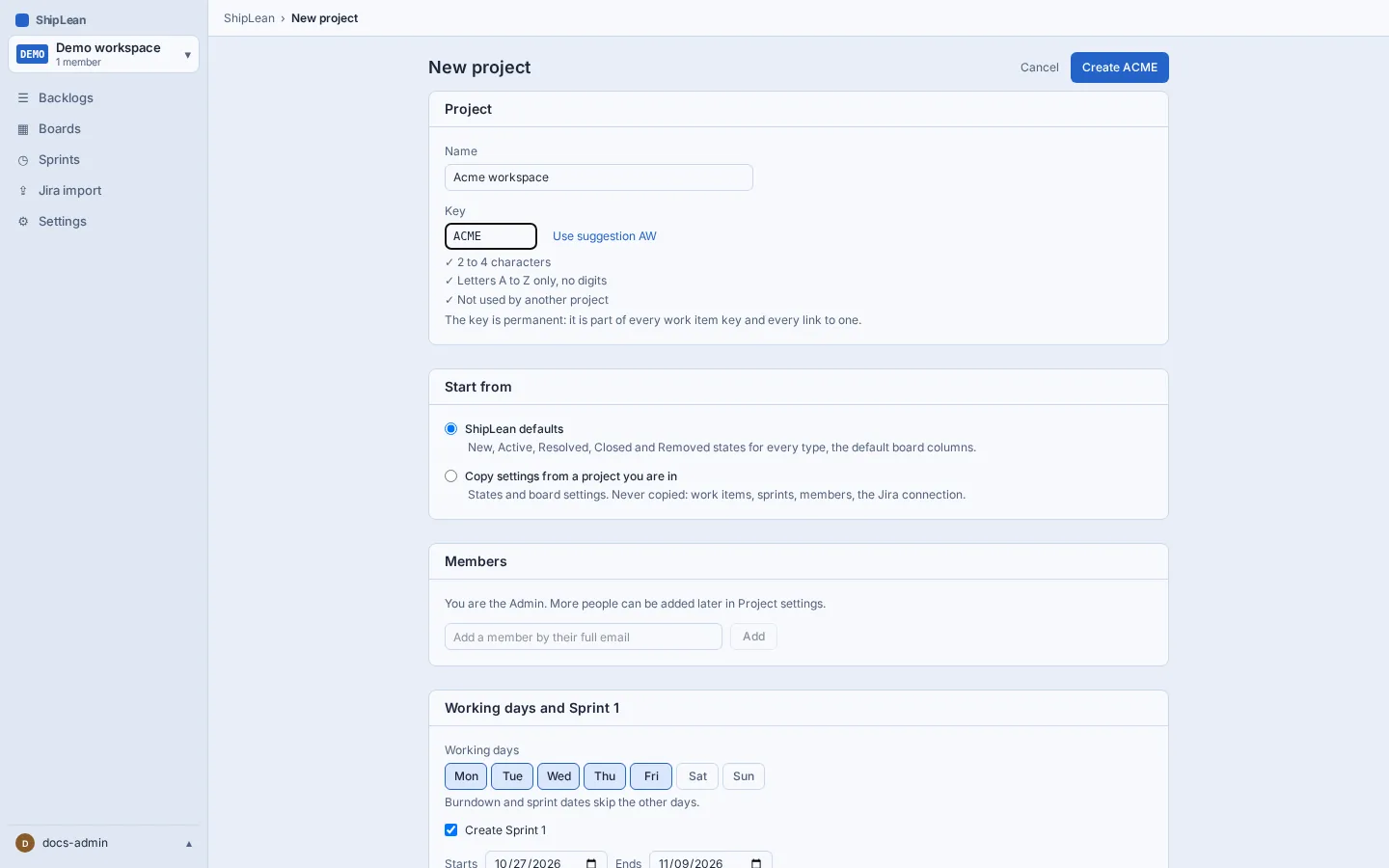 A proposed project key with its availability checks and alternatives.