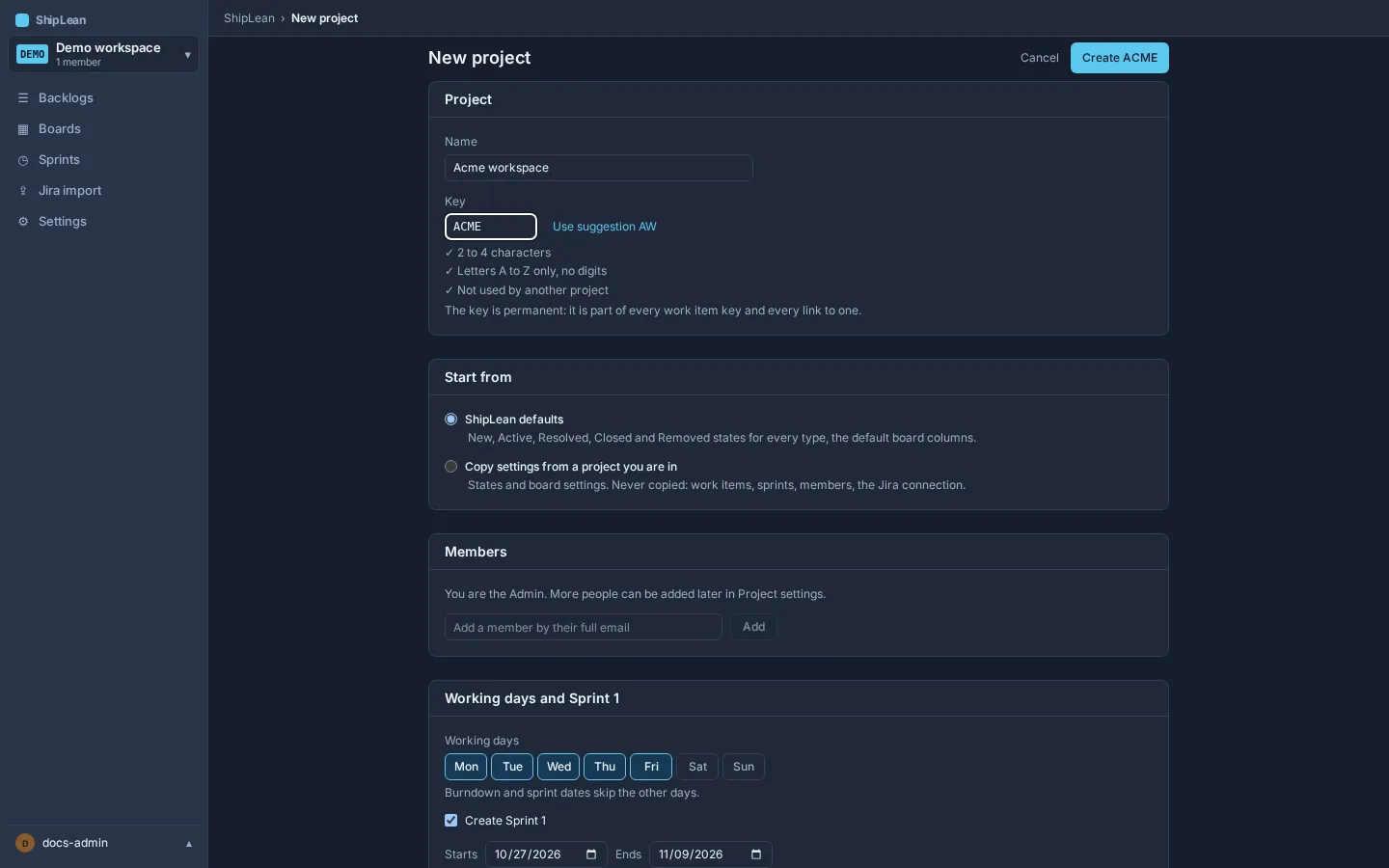 Optional initial project setup, member, and first sprint choices.