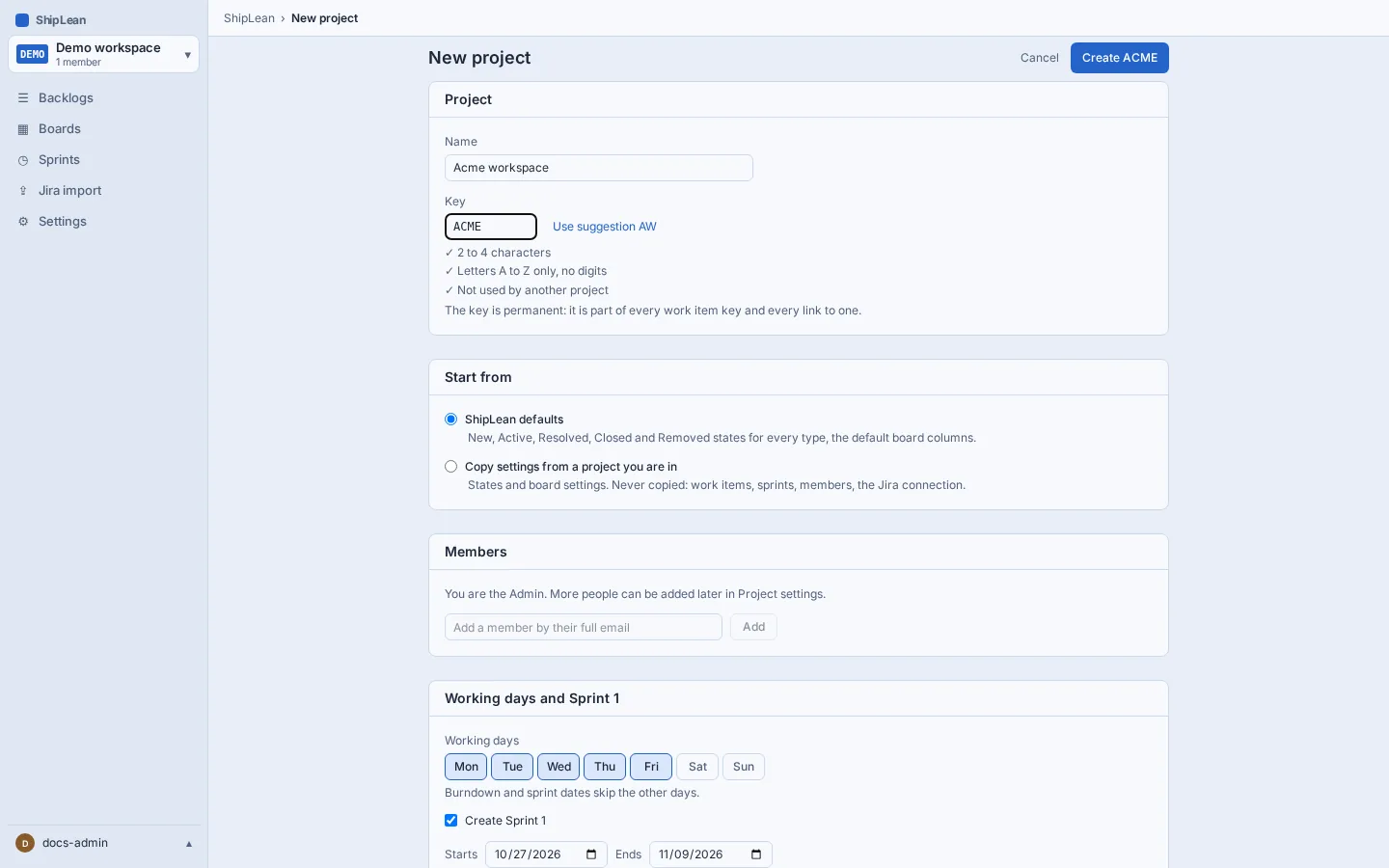 Optional initial project setup, member, and first sprint choices.