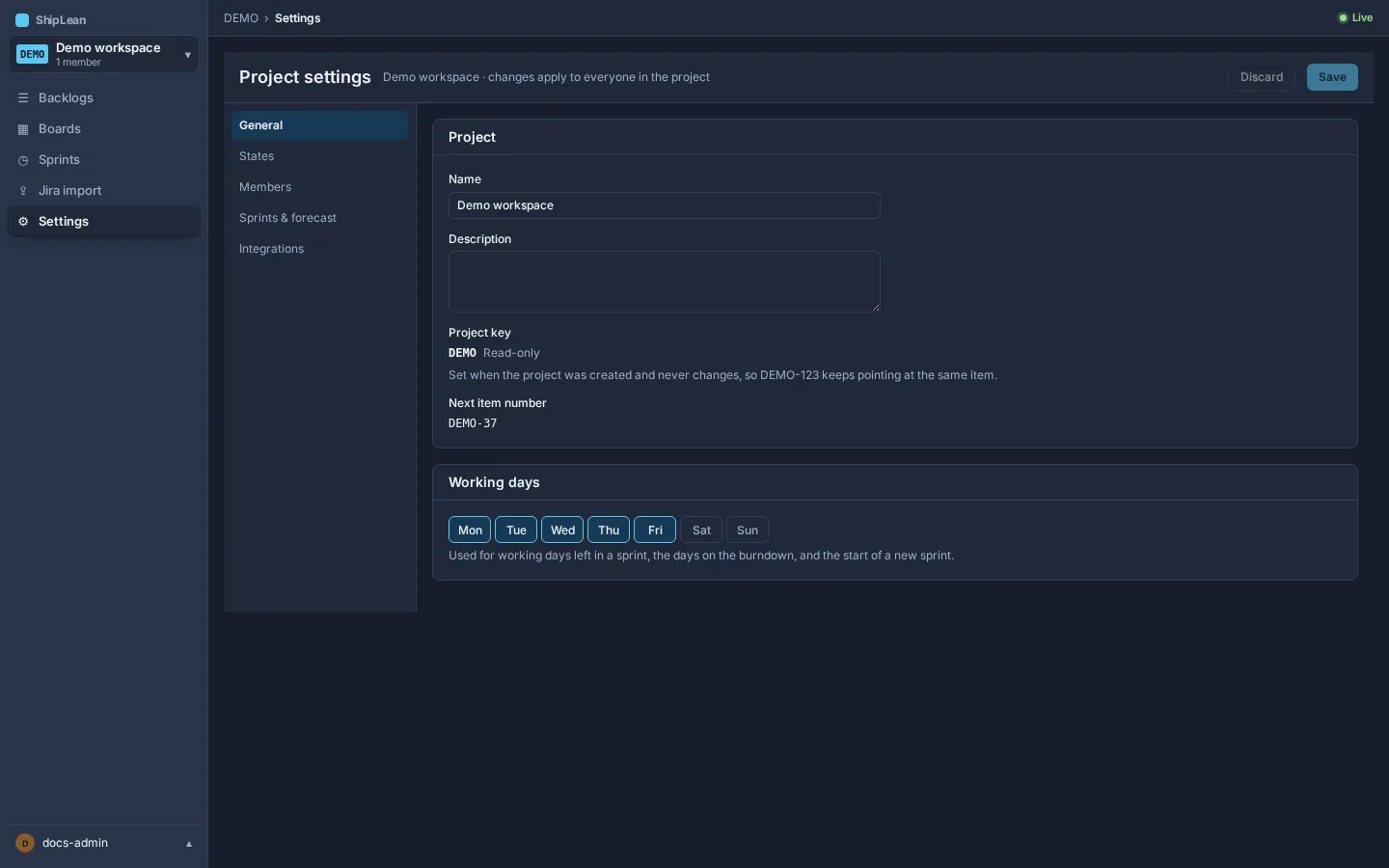 Project settings General tab showing project details and working days.