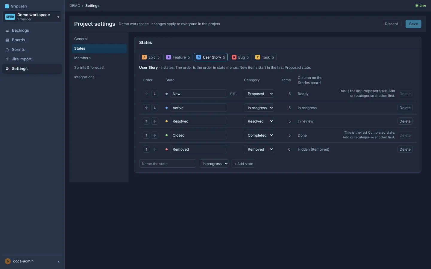 State settings for one work item type with categories, item counts, and state controls.