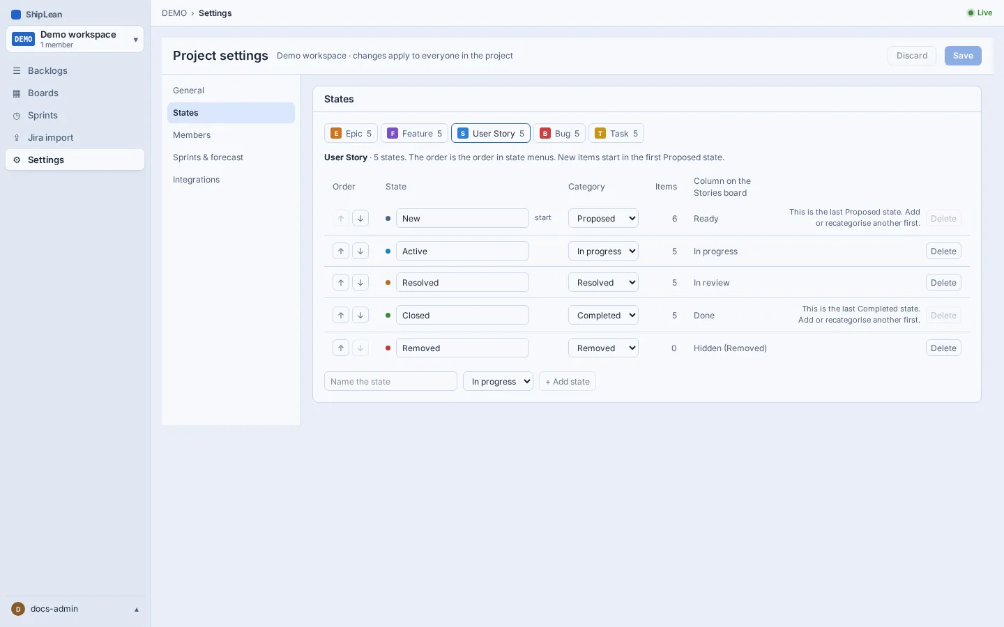 State settings for one work item type with categories, item counts, and state controls.