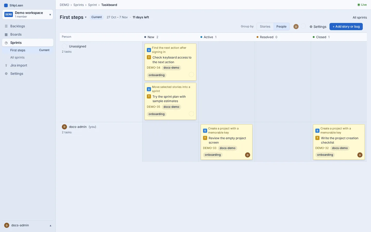 The sprint Taskboard grouped into rows for assignees and Unassigned.