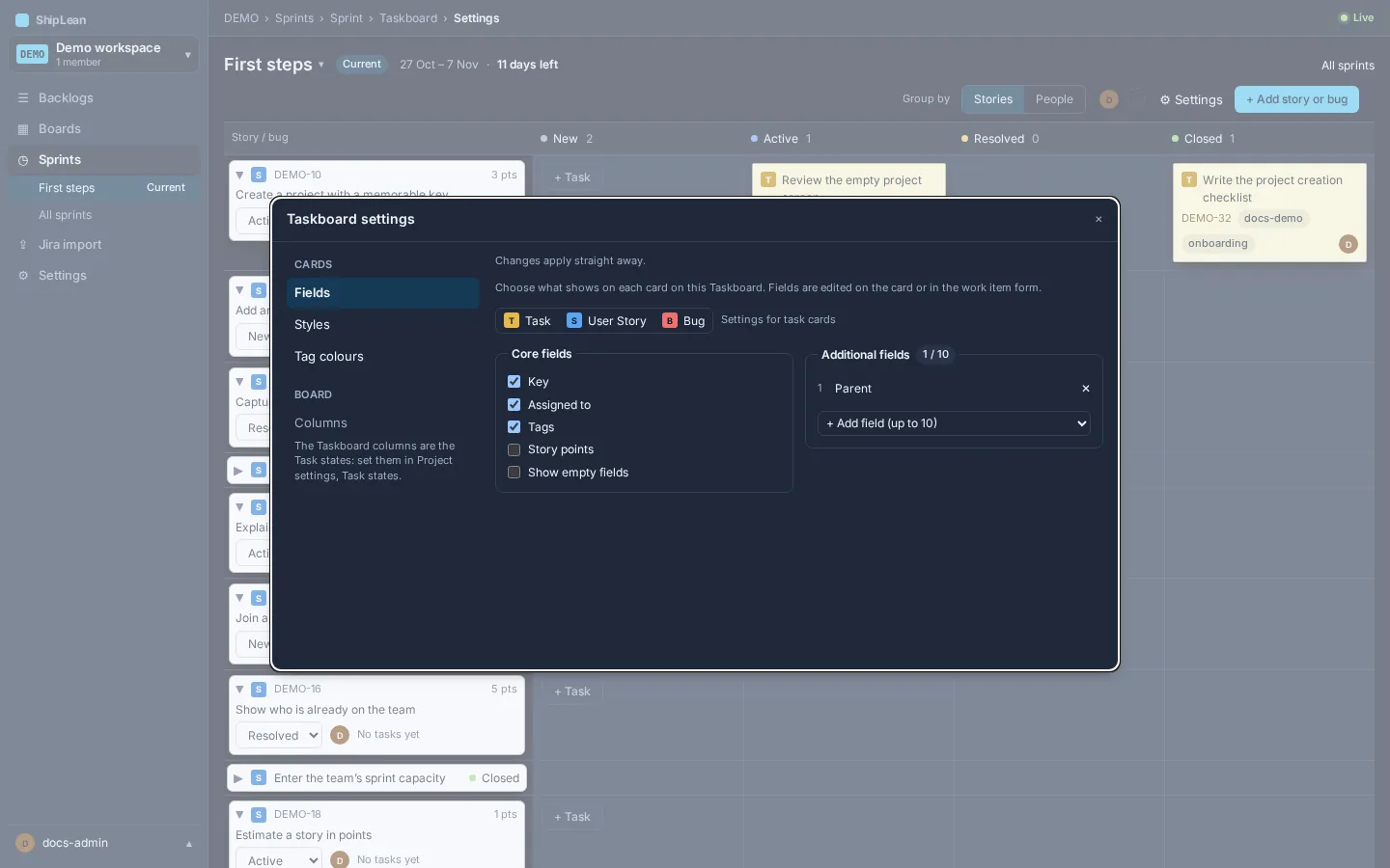 Taskboard settings with task card fields and a preview.