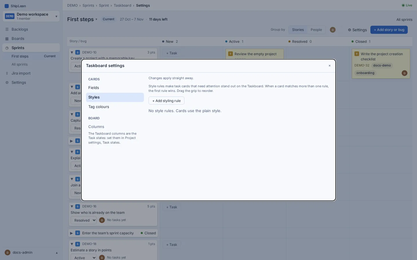 Taskboard settings with conditional task card style rules.