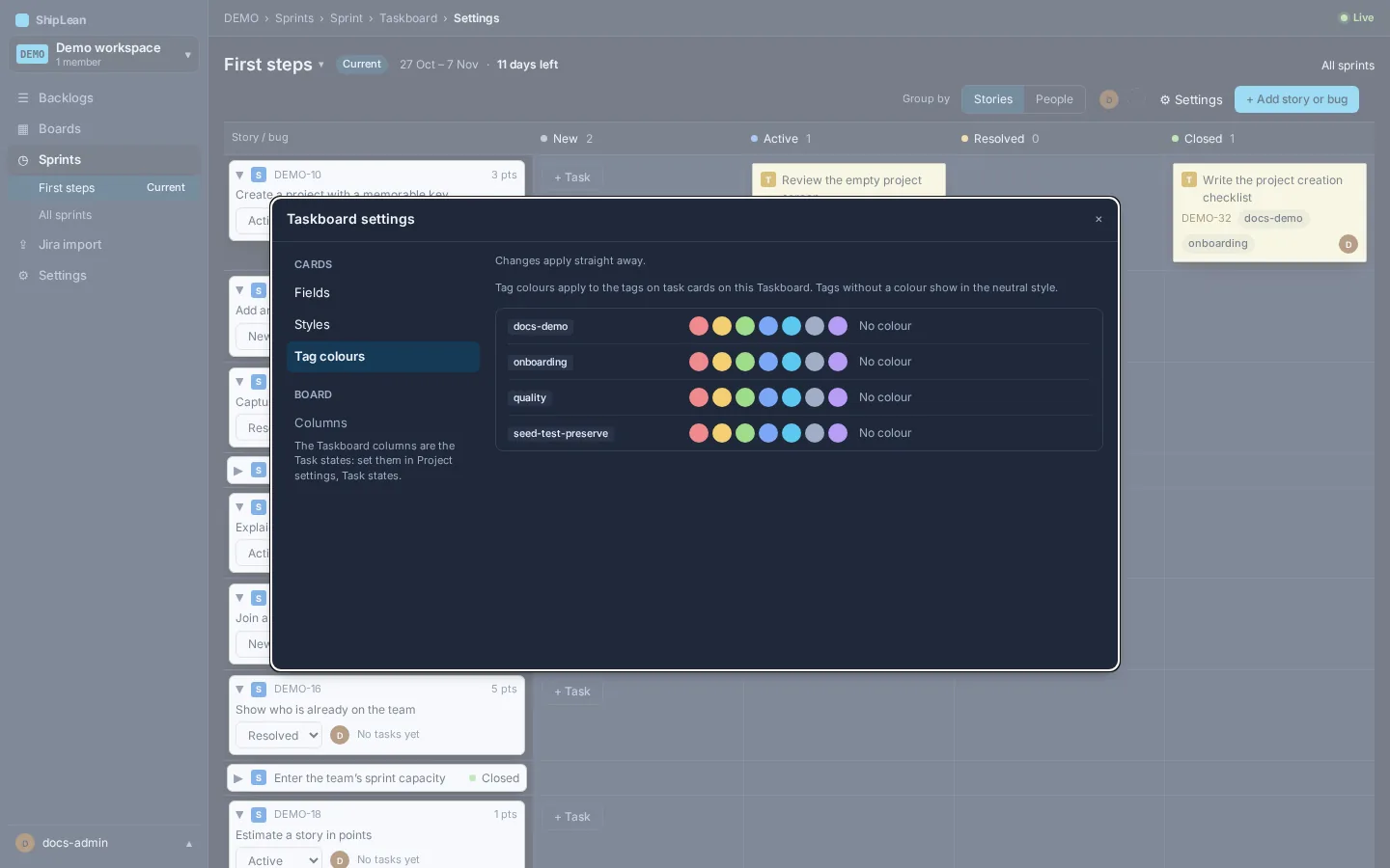 Taskboard settings showing tag colours for task cards.
