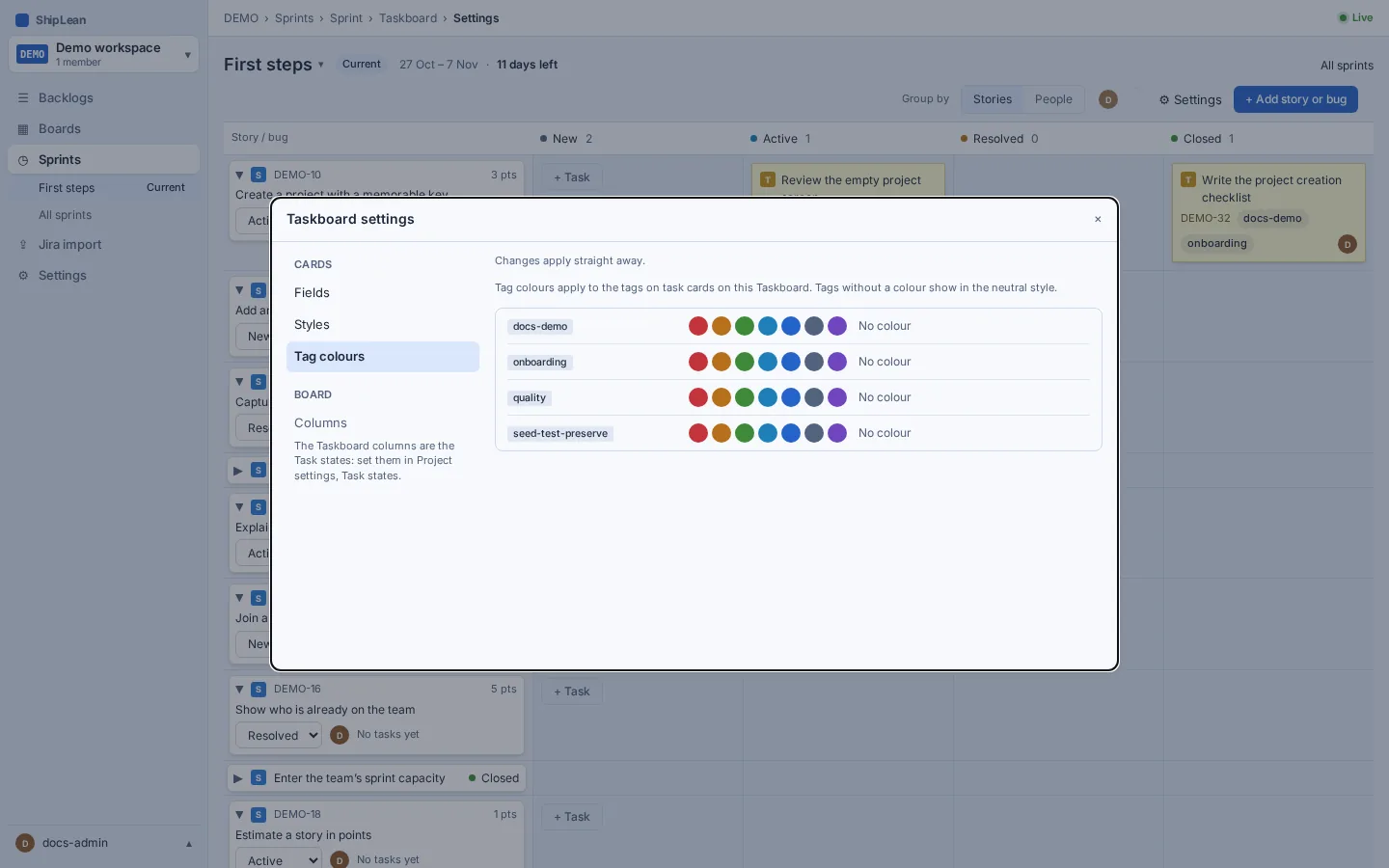 Taskboard settings showing tag colours for task cards.