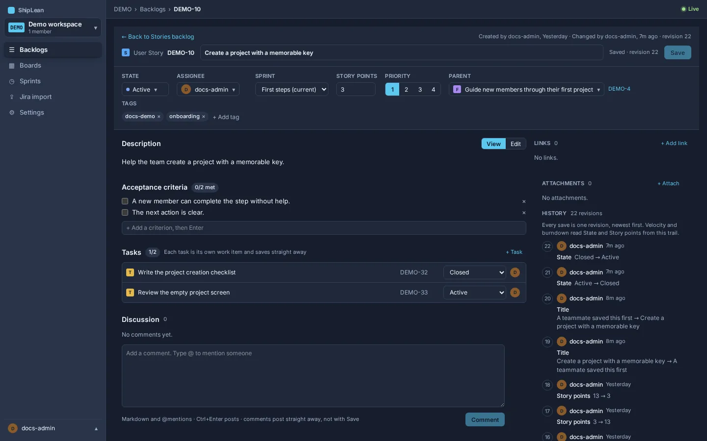 Work item details with its fields, description, links, tasks, discussion, attachments, and revision history.