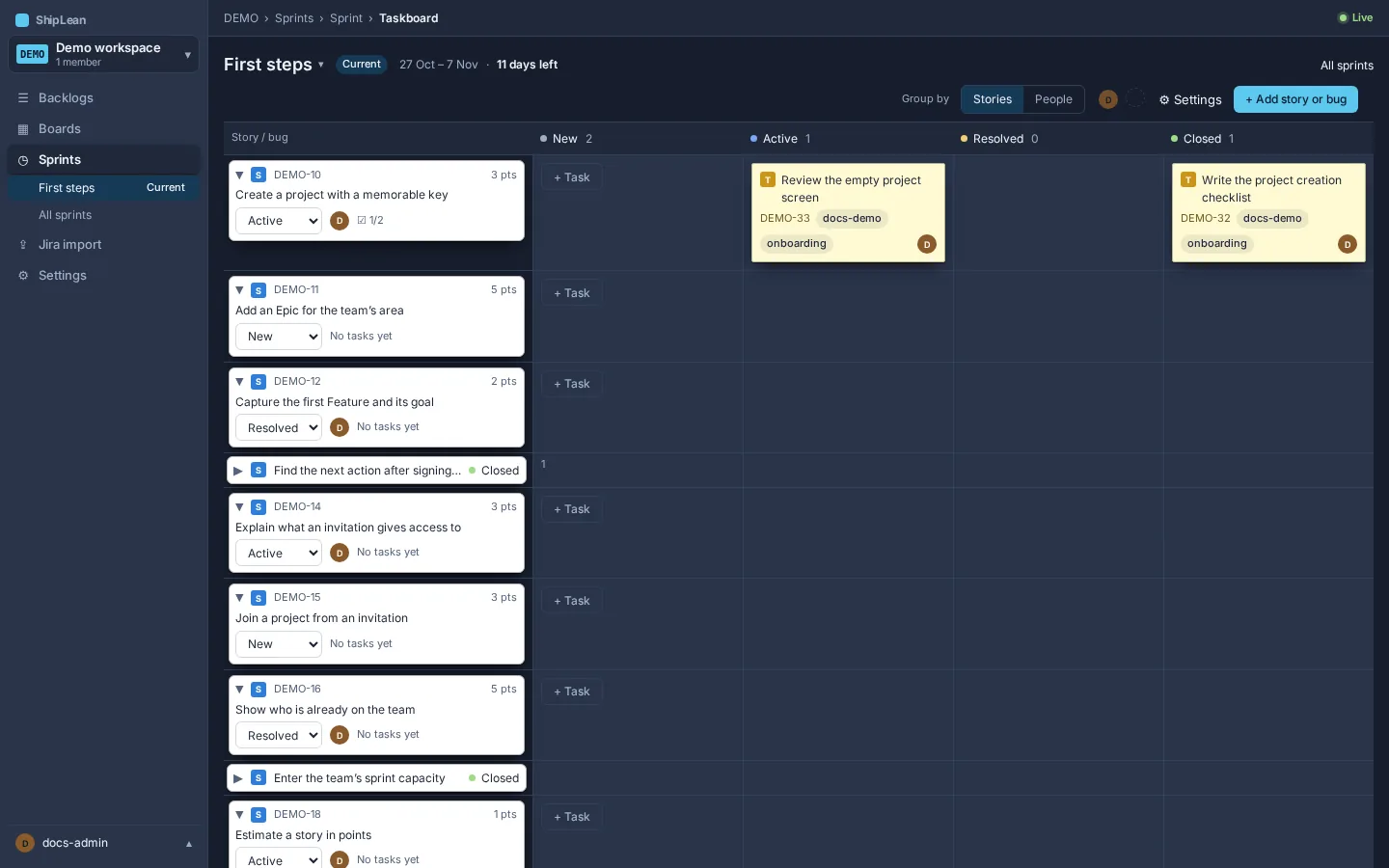 The DEMO sprint taskboard with stories and their tasks visible.