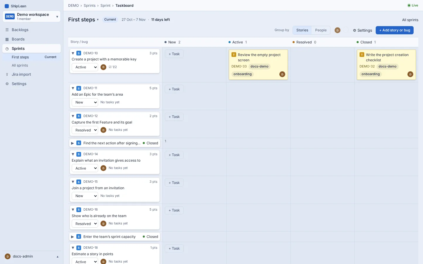 The DEMO sprint taskboard with stories and their tasks visible.