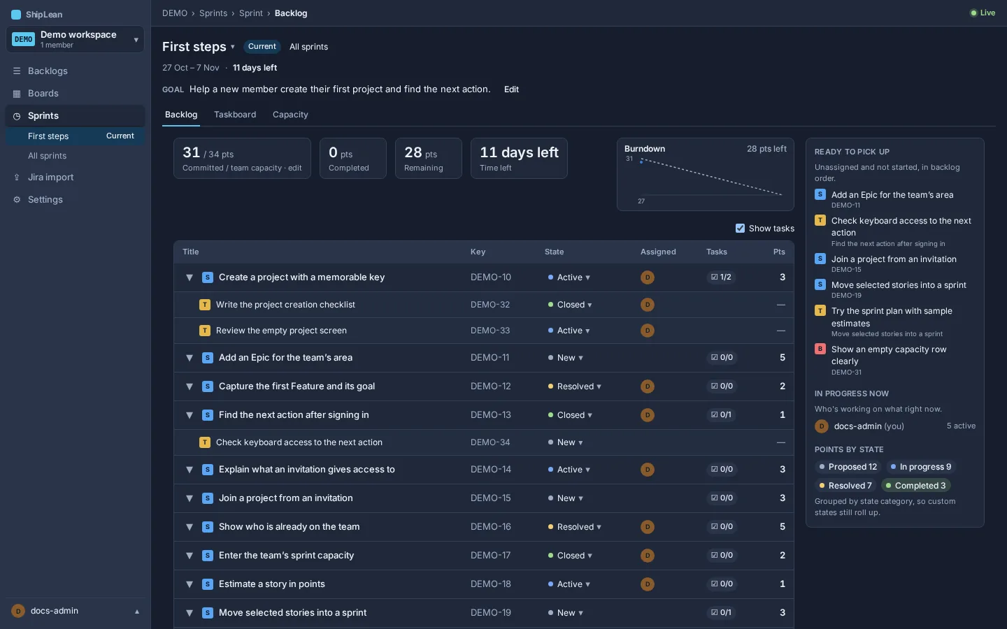 The DEMO sprint backlog with sprint work and delivery progress.