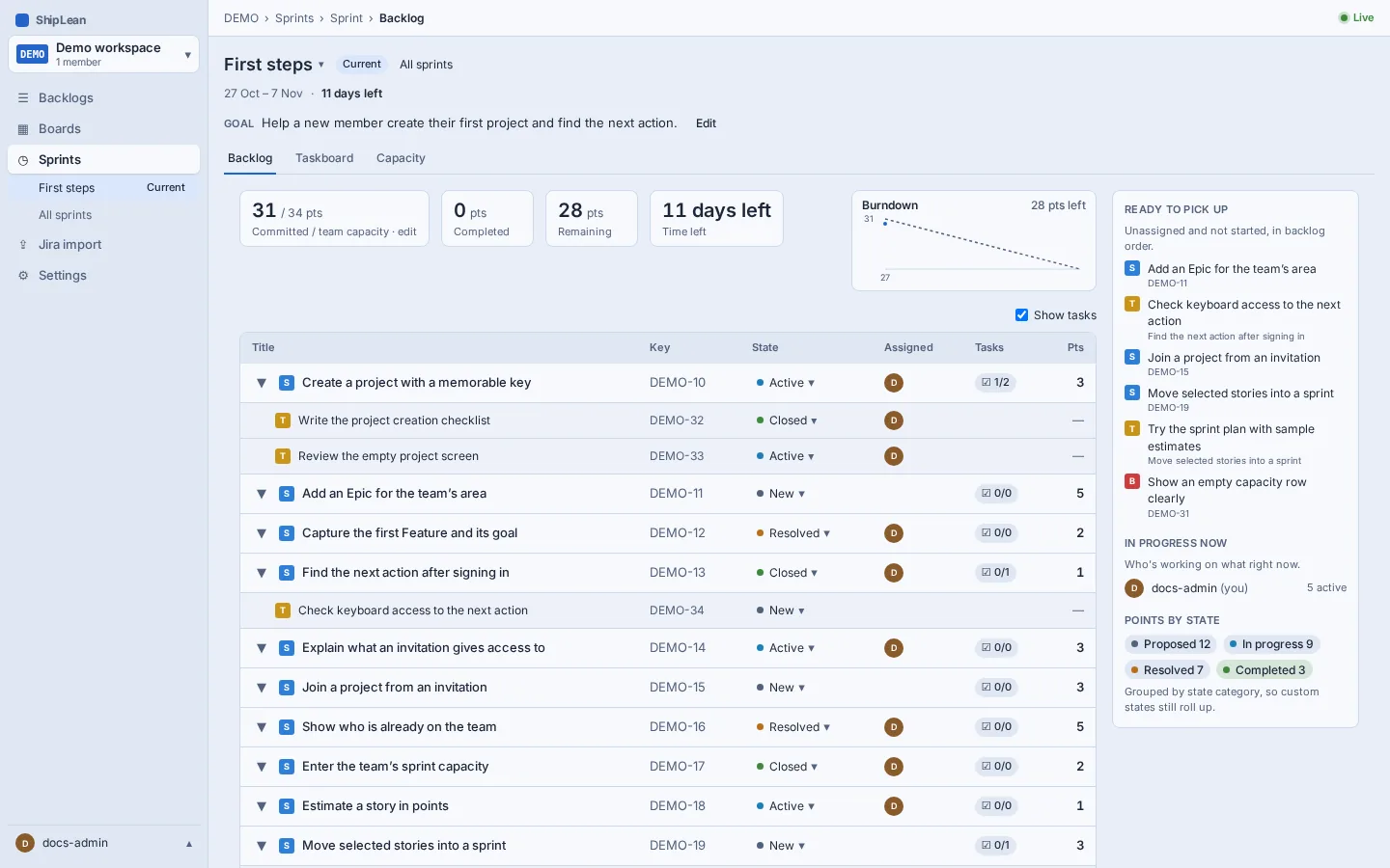 The DEMO sprint backlog with sprint work and delivery progress.