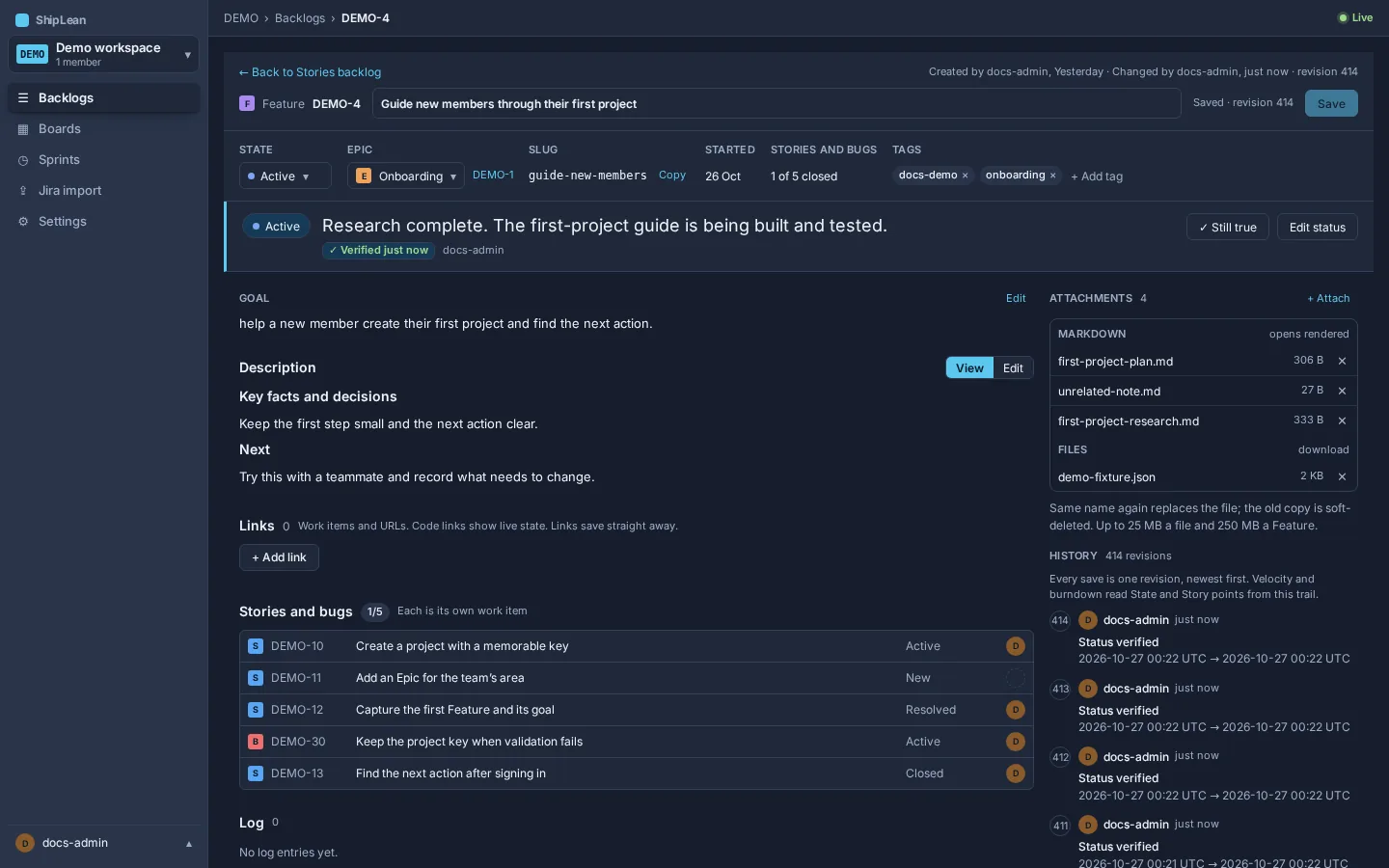 The running example Feature in the DEMO project, with its goal and Epic visible.