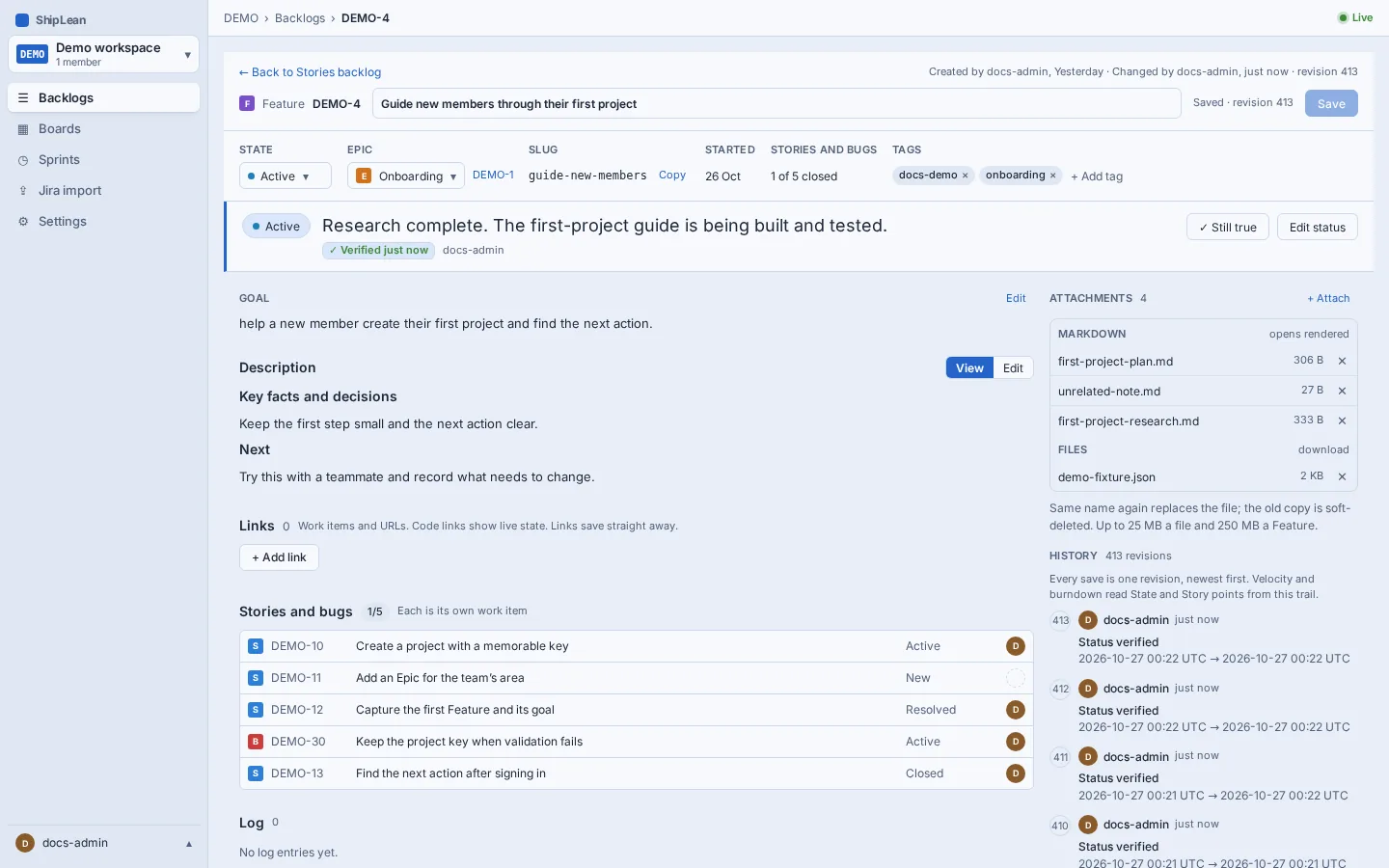 The running example Feature in the DEMO project, with its goal and Epic visible.