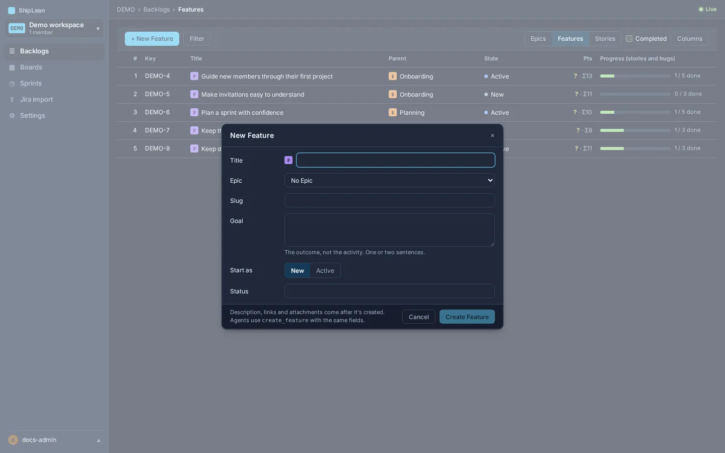 New Feature form with fields for the title, Epic, goal and starting state.