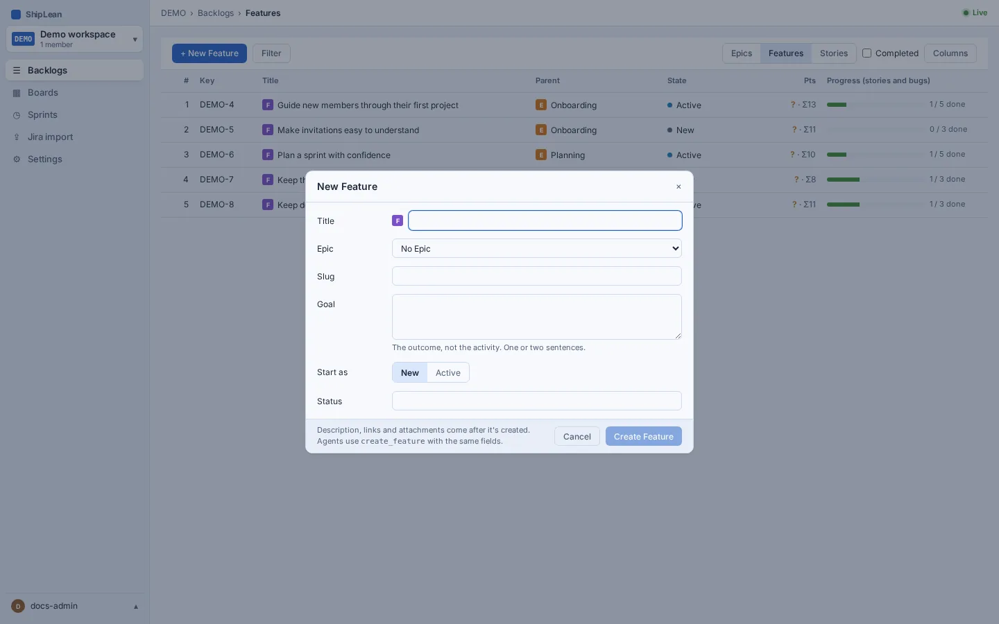 New Feature form with fields for the title, Epic, goal and starting state.
