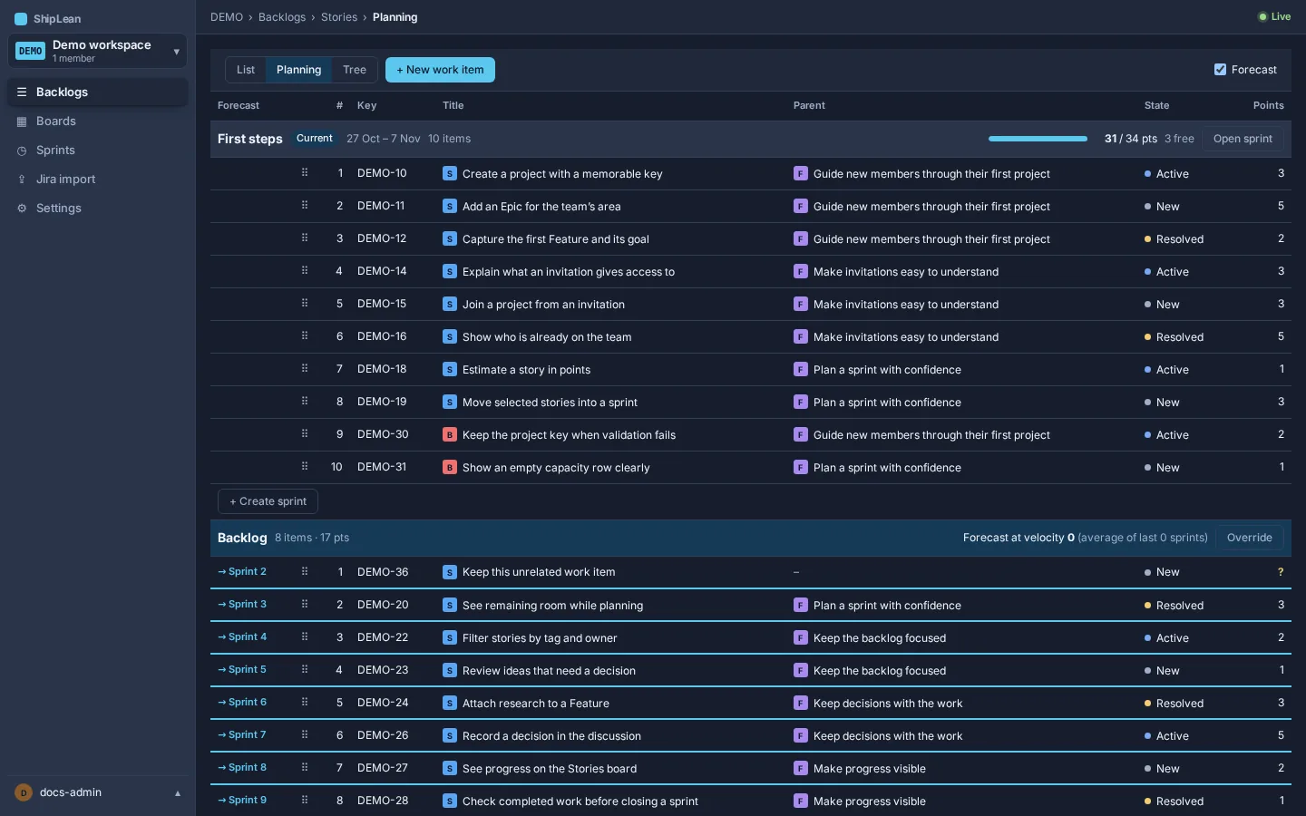 The DEMO Stories backlog in planning mode, with work grouped into sprint sections.
