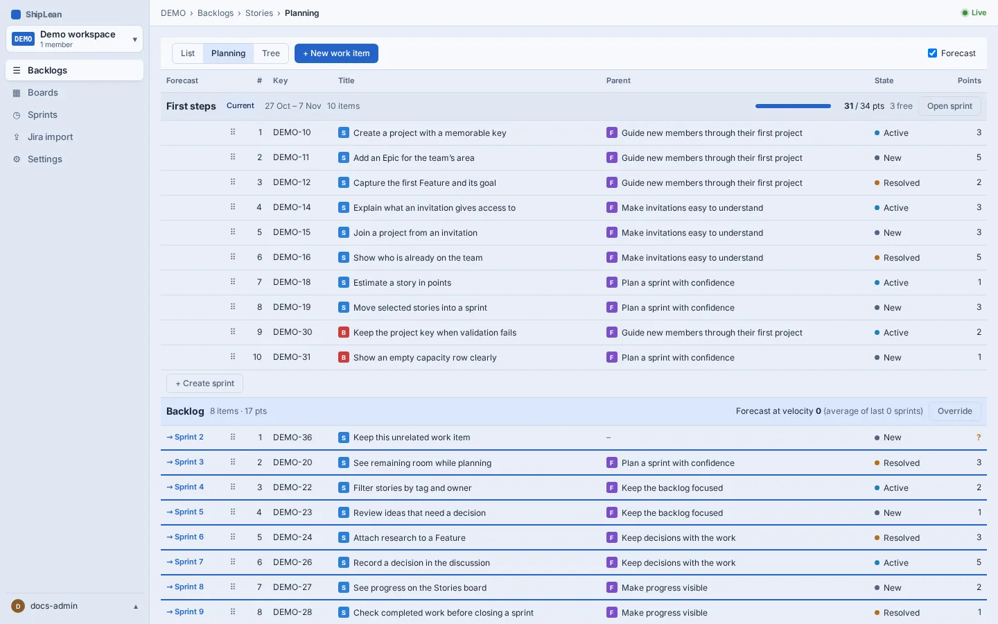 The DEMO Stories backlog in planning mode, with work grouped into sprint sections.