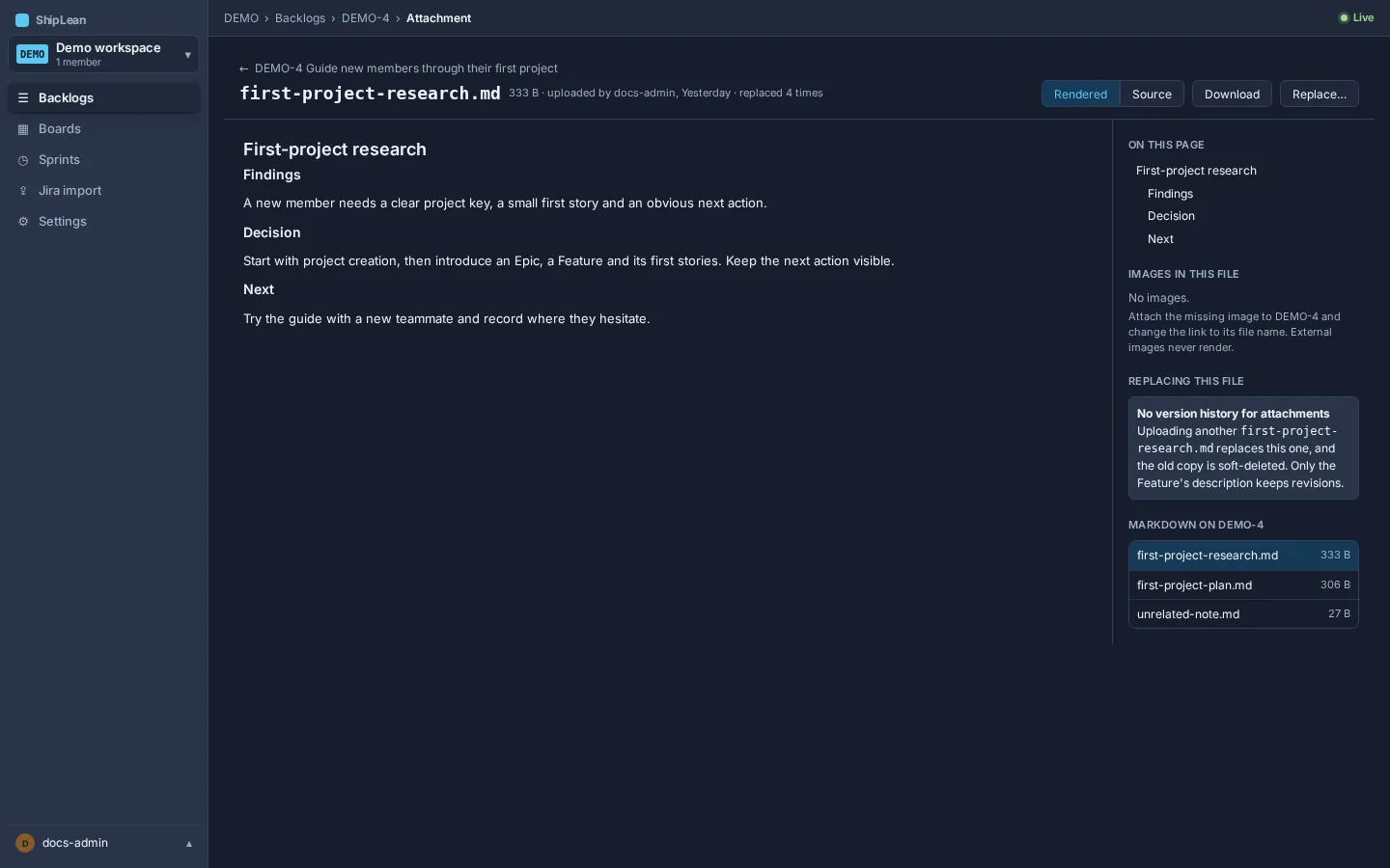 Markdown research attachment opened on its own page from the Feature rail.