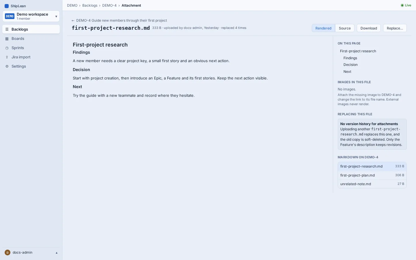 Markdown research attachment opened on its own page from the Feature rail.