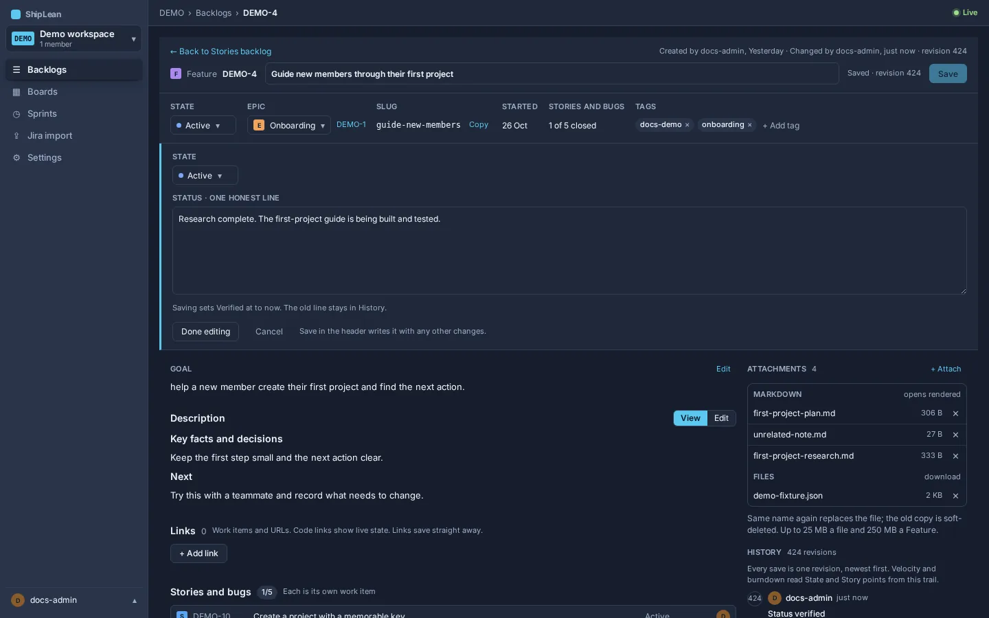 The running example Feature with its status editor open; no status has been changed.